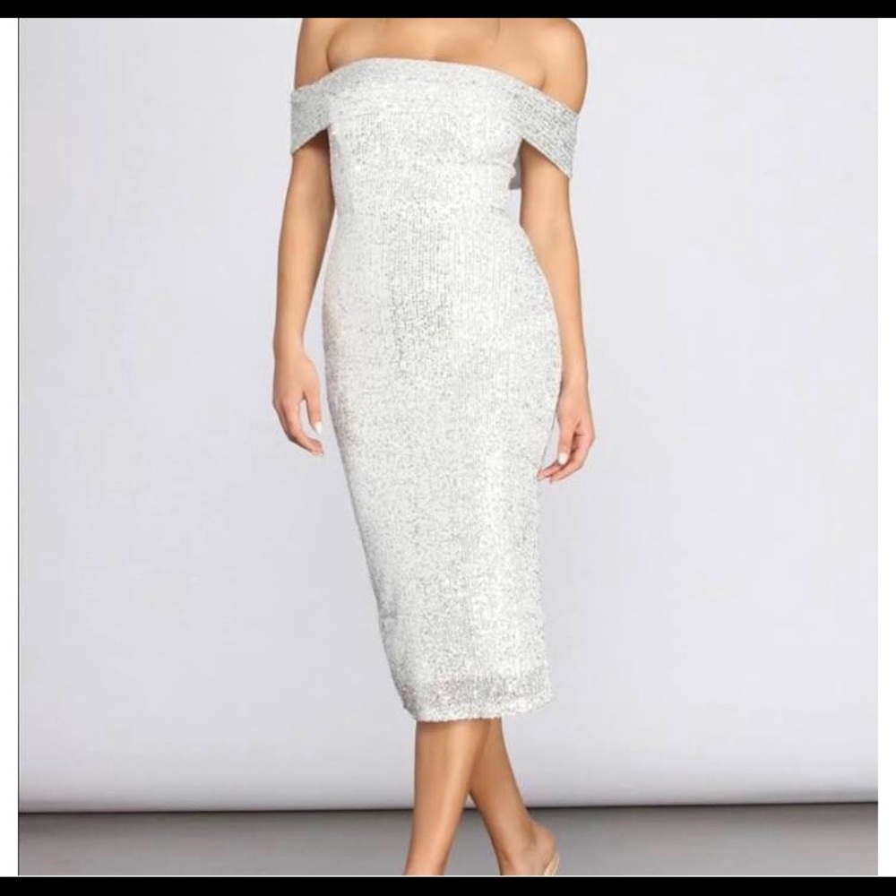 Silver / white sequin midi dress
